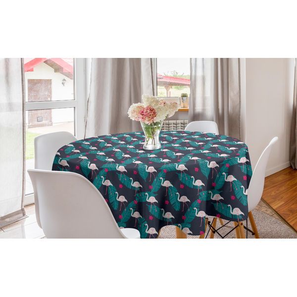 Abakuhaus Tovaglia Rotonda Flamingo, Rosa Uccello Esotico Hibiscus, Tovaglia Circolare Per Sala Da Pranzo, Decorazione Cucina, 150 Cm, Rosa Shocking Verde Acqua-image