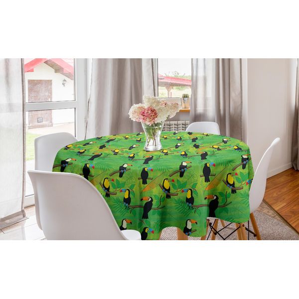 Abakuhaus Tovaglia Rotonda Wald, Tucani Tropicali Su Foglie, Tovaglia Circolare Per Sala Da Pranzo, Decorazione Cucina, 150 Cm, Fern Green Lime Green-image