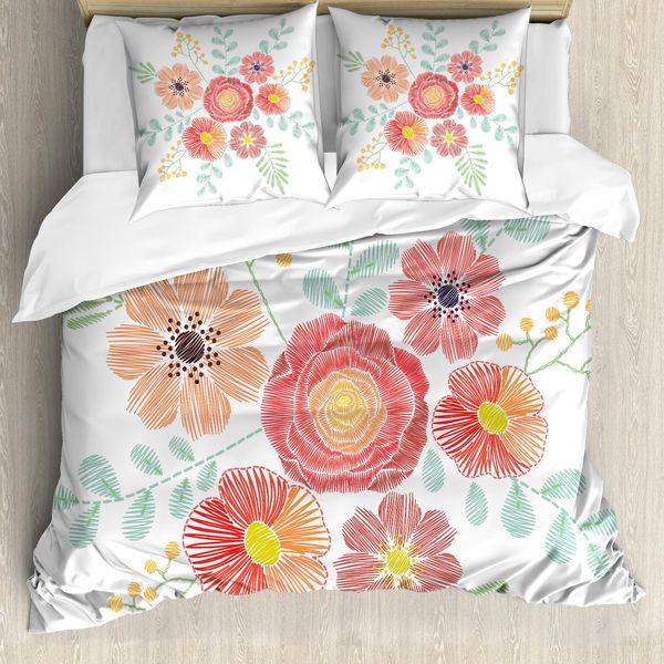 Abakuhaus Set Copripiumino Per Letti Singoli, Fiori Pastello In Stile Folcloristico, Antiacaro, Adatto A Chi Soffre Di Allergie, Con Federa, 155 Cm X 220 Cm - 80 X 80 Cm, Multicolore-image