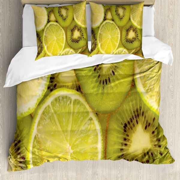 Abakuhaus Set Copripiumino Kiwi Per Letti Singoli, Close Up Frutta Esotica E Lime, Antiacaro, Adatto A Chi Soffre Di Allergie, Con Federa, 200 Cm X 200 Cm - 80 X 80 Cm, Giallo Giallo Verde-image