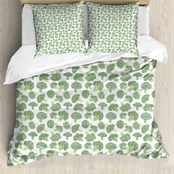 Abakuhaus Set Copripiumino Per Letti Singoli, Motivo Broccoli Tratteggiato, Antiacaro, Adatto A Chi Soffre Di Allergie, Con Federa, 155 Cm X 220 Cm - 80 X 80 Cm, Verde Felce Verde Chiaro-image