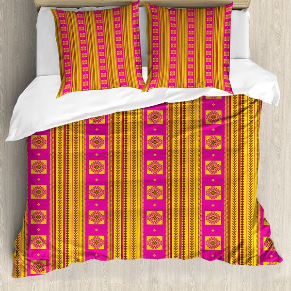 Abakuhaus Set Copripiumino Etnico Per Letti Singoli, Decorazioni Tradizionali, Antiacaro, Adatto A Chi Soffre Di Allergie, Con Federa, 155 Cm X 220 Cm - 80 X 80 Cm, Rosa Shocking Giallo-image