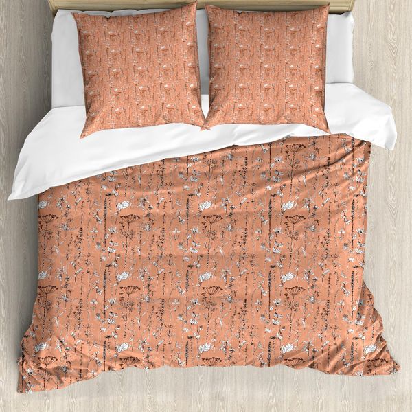Abakuhaus Set Copripiumino Botanico Per Letti Singoli, Piante, Erbe Aromatiche E Fiori, Antiacaro, Adatto A Chi Soffre Di Allergie, Con Federa, 200 Cm X 200 Cm - 80 X 80 Cm, Salmone Marrone Scuro-image