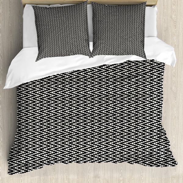 Set Copripiumino Retrò Abakuhaus Per Letti Singoli, Linee Audaci Con Motivo A Zigzag, Antiacaro E Anallergico, Con Federa, 155 Cm X 220 Cm - 80 X 80 Cm, Grigio Antracite Eggshell-image