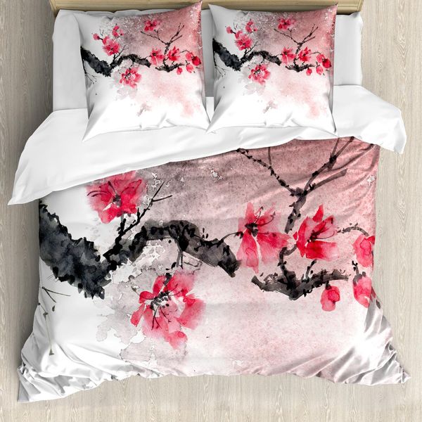 Abakuhaus Set Copripiumino Per Letto Singolo, Disegno Floreale Acquerellato, Antiacaro, Adatto A Chi Soffre Di Allergie, Con Federa, 200 Cm X 200 Cm - 80 X 80 Cm, Corallo Scuro Salmone Chiaro-image