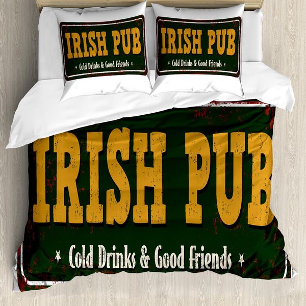 Abakuhaus Set Copripiumino Per Letto Singolo Irish Pub, Motivo Vintage Grunge Bar, Antiacaro E Anallergico Con Federa, 155 Cm X 220 Cm - 80 X 80 Cm, Verde Scuro Giallo Scuro-image