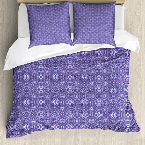 Abakuhaus Set Copripiumino Orientale Per Letti Singoli, Curlicue E Medallion, Antiacaro, Adatto A Chi Soffre Di Allergie, Con Federa, 155 Cm X 220 Cm - 80 X 80 Cm, Blu Viola Lavanda-Blu-image