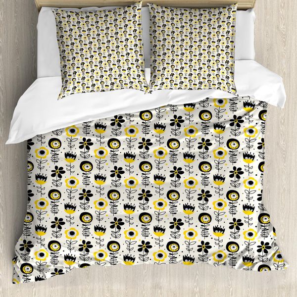 Abakuhaus Set Copripiumino Astratto Per Letti Singoli, Design Floreale Surreale, Antiacaro, Adatto A Chi Soffre Di Allergie, Con Federa, 155 Cm X 220 Cm - 80 X 80 Cm, Giallo Champagne-image