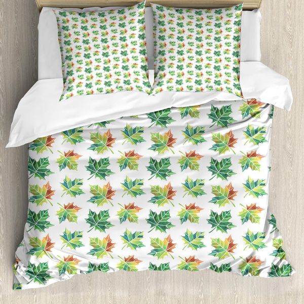 Set Copripiumino Abakuhaus Autunno Per Letti Singoli, Disegno Naturale Con Foglie D'acero, Antiacaro E Anallergico, Con Federa, 155 Cm X 220 Cm - 80 X 80 Cm, Verde Fern E Cannella-image