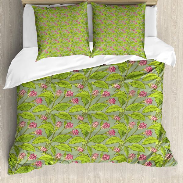 Abakuhaus Set Copripiumino Botanico Per Letti Singoli, Fiori Di Curcuma, Antiacaro, Adatto A Chi Soffre Di Allergie, Con Federa, 155 Cm X 220 Cm - 80 X 80 Cm, Verde Mela Verde-image