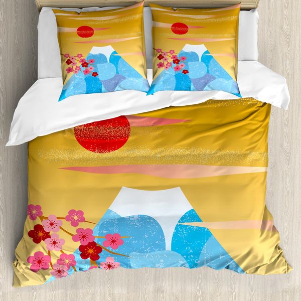 Abakuhaus Set Copripiumino Per Letti Singoli, High Cliff Silhouette, Antiacaro, Adatto A Chi Soffre Di Allergie, Con Federa, 155 Cm X 220 Cm - 80 X 80 Cm, Terra, Giallo, Rosa Scuro-image