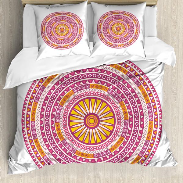Set Copripiumino Abakuhaus Mandala Per Letti Singoli, Motivo Bohemian Medaillon, Antiacaro, Adatto A Chi Soffre Di Allergie, Con Federa, 155 Cm X 220 Cm - 80 X 80 Cm, Magenta Giallo-image