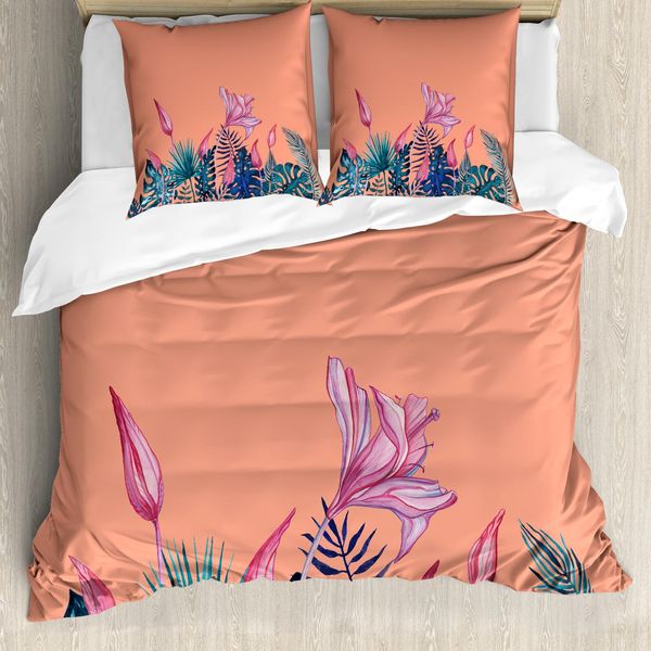 Set Copripiumino Abakuhaus Per Letti Singoli, Motivo Floreale Esotico Monstera, Antiacaro, Adatto A Chi Soffre Di Allergie, Con Federa, 200 Cm X 200 Cm - 80 X 80 Cm, Salmone Multicolore-image