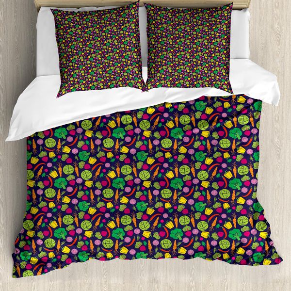 Abakuhaus Set Copripiumino Per Letti Singoli, Alimenti Biologici Cartoon, Antiacaro, Adatto A Chi Soffre Di Allergie, Con Federa, 155 Cm X 220 Cm - 80 X 80 Cm, Indaco Multicolore-image