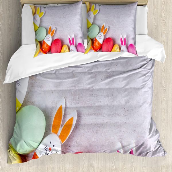 Abakuhaus Set Copripiumino Coniglietto Pasquale Per Letti Singoli, Uova Colorate Con Orecchie, Antiacaro, Adatto A Chi Soffre Di Allergie, Con Federa, 155 Cm X 220 Cm - 80 X 80 Cm, Multicolore-image