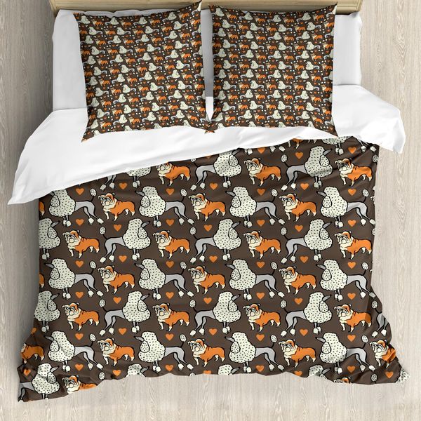 Abakuhaus Set Copripiumino Per Letto Singolo, Doodle Bulldog E Cuori, Antiacaro, Adatto A Chi Soffre Di Allergie, Con Federa, 155 Cm X 220 Cm - 80 X 80 Cm, Cocoa Multicolor-image