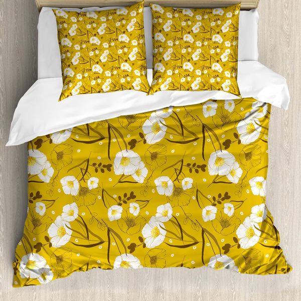 Abakuhaus Set Copripiumino Hawaii Per Letti Singoli, Fiori Primaverili, Antiacaro, Adatto A Chi Soffre Di Allergie, Con Federa, 155 Cm X 220 Cm - 80 X 80 Cm, Terra Giallo Umbra-image