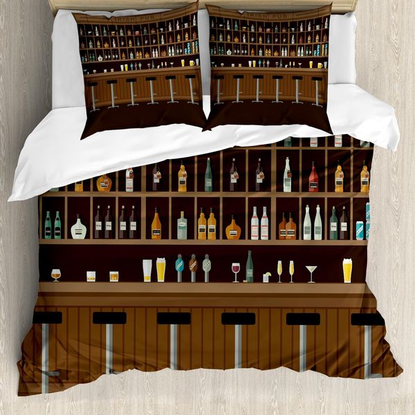 Abakuhaus Irish Pub Set Copripiumino Per Letti Singoli, Sgabelli Da Bar E Bottiglie, Antiacaro, Adatto A Chi Soffre Di Allergie, Con Federa, 155 Cm X 220 Cm - 80 X 80 Cm, Multicolore-image
