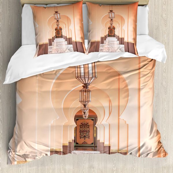 Abakuhaus Set Copripiumino Marocchino Per Letti Singoli, Foto Eastern Architecture, Antiacaro, Adatto A Chi Soffre Di Allergie, Con Federa, 155 Cm X 220 Cm - 80 X 80 Cm, Pesca Pallido Malva Tortora-image