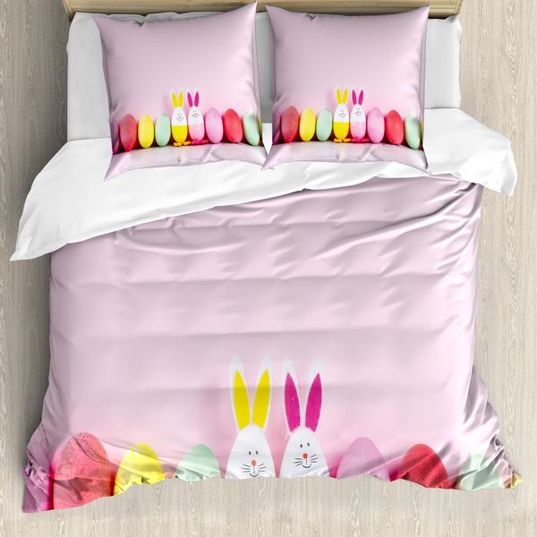 Abakuhaus Set Copripiumino Coniglietto Pasquale Per Letti Singoli, Uova Colorate E Coniglietti, Antiacaro, Adatto A Chi Soffre Di Allergie, Con Federa, 200 Cm X 200 Cm - 80 X 80 Cm, Rosa E Multicolore-image