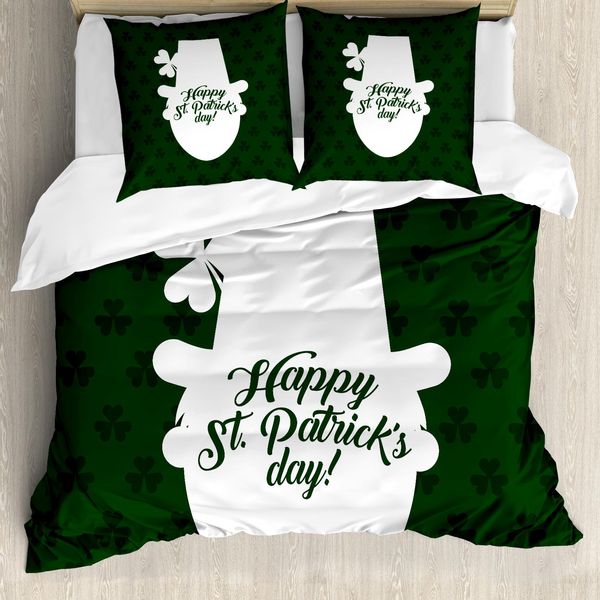 Abakuhaus Irish Pub Set Copripiumino Per Letti Singoli, Cappello Da Folletto E Trifoglio, Antiacaro, Adatto A Chi Soffre Di Allergie, Con Federa, 155 Cm X 220 Cm - 80 X 80 Cm, Verde Smeraldo Scuro Bianco-image