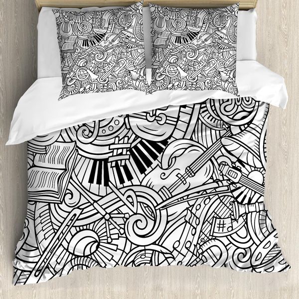 Abakuhaus Set Copripiumino Per Letto Singolo, Chaotische Doodle Musical, Antiacaro, Adatto A Chi Soffre Di Allergie, Con Federa, 200 Cm X 200 Cm - 80 X 80 Cm, Grigio Antracite E Bianco-image
