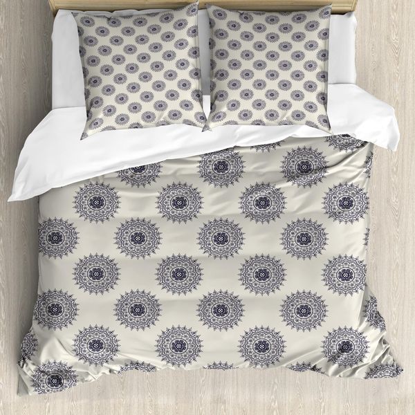 Abakuhaus Set Copripiumino Orientale Per Letti Singoli, Medaglione Fogliato, Antiacaro, Adatto A Chi Soffre Di Allergie, Con Federa, 155 Cm X 220 Cm - 80 X 80 Cm, Grigio, Giallo, Viola Blu-image