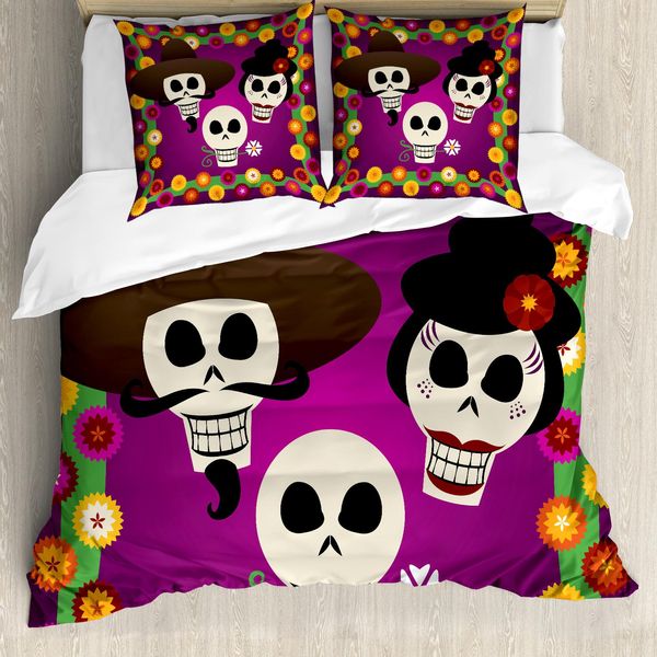 Abakuhaus Set Copripiumino Spagnolo Per Letti Singoli, Teschi Folk, Antiacaro, Adatto A Chi Soffre Di Allergie, Con Federa, 200 Cm X 200 Cm - 80 X 80 Cm, Multicolore-image