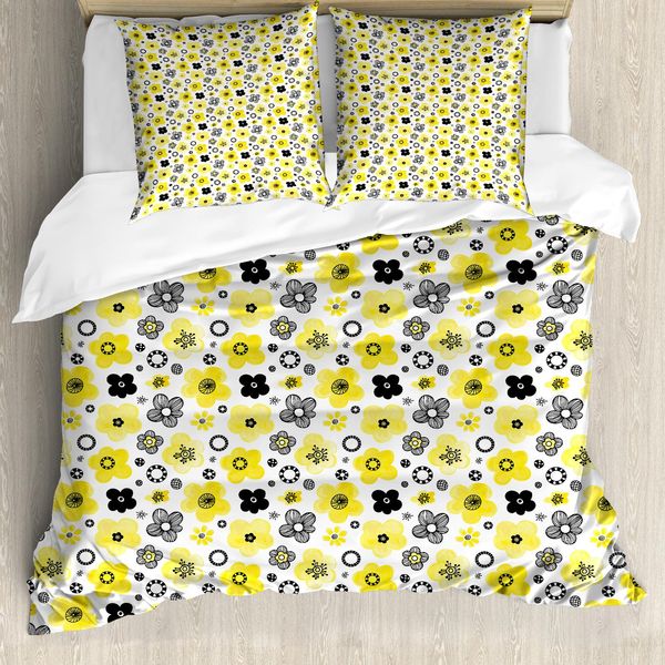 Set Copripiumino Abakuhaus Per Letti Singoli, Fiori Primaverili Bicolore, Antiacaro, Adatto A Chi Soffre Di Allergie, Con Federa, 155 Cm X 220 Cm - 80 X 80 Cm, Giallo Indaco-image