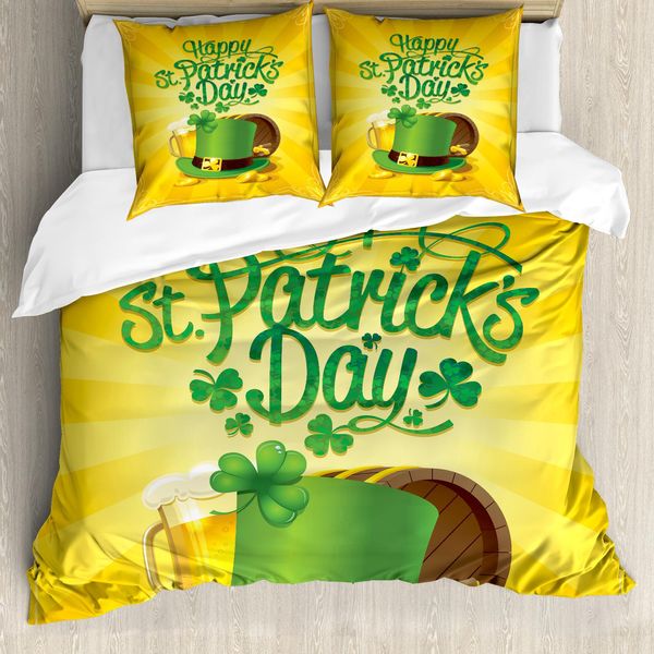 Abakuhaus Set Copripiumino Per Letto Singolo Irish Pub, Birra-Trifoglio-Folletto, Antiacaro, Adatto A Chi Soffre Di Allergie, Con Federa, 155 Cm X 220 Cm - 80 X 80 Cm, Terra Giallo Verde-image