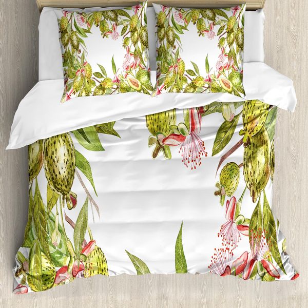 Abakuhaus Set Copripiumino Per Letti Singoli, Fiori Esotici Feijoa, Antiacaro, Adatto A Chi Soffre Di Allergie, Con Federa, 155 Cm X 220 Cm - 80 X 80 Cm, Verde Corallo-image