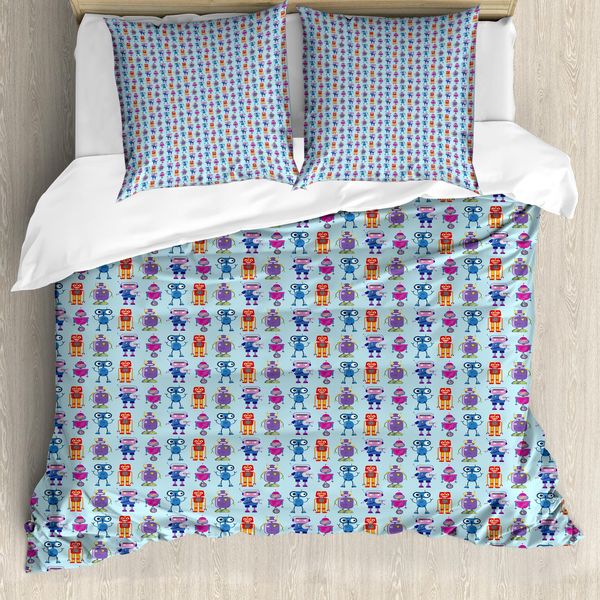 Abakuhaus Set Copripiumino Extraterrestre Per Letti Singoli, Robot Colorati Forme Divertenti, Antiacaro Adatto A Chi Soffre Di Allergie Con Federa, 200 Cm X 200 Cm - 80 X 80 Cm, Azzurro E Multicolore-image