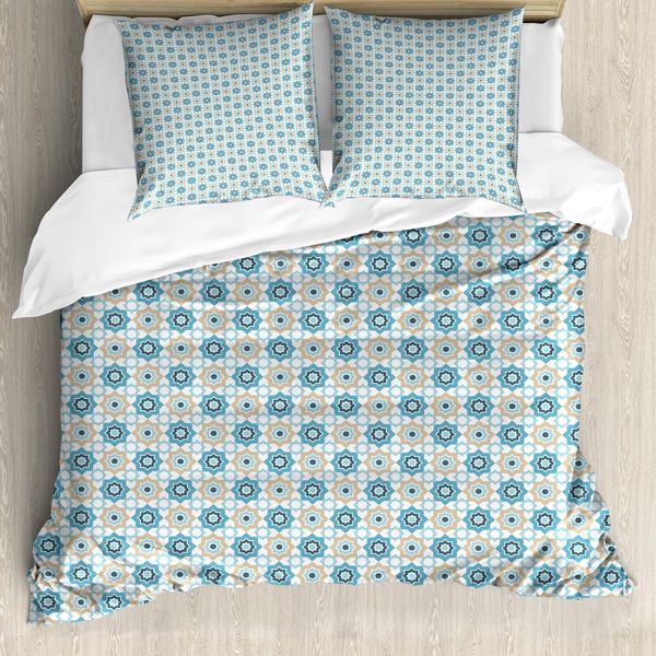 Abakuhaus Set Copripiumino Marocchino Per Letti Singoli, Motivi Orientali A Stella, Antiacaro, Adatto A Chi Soffre Di Allergie, Con Federa, 155 Cm X 220 Cm - 80 X 80 Cm, Blu Cielo Profondo Ecru-image
