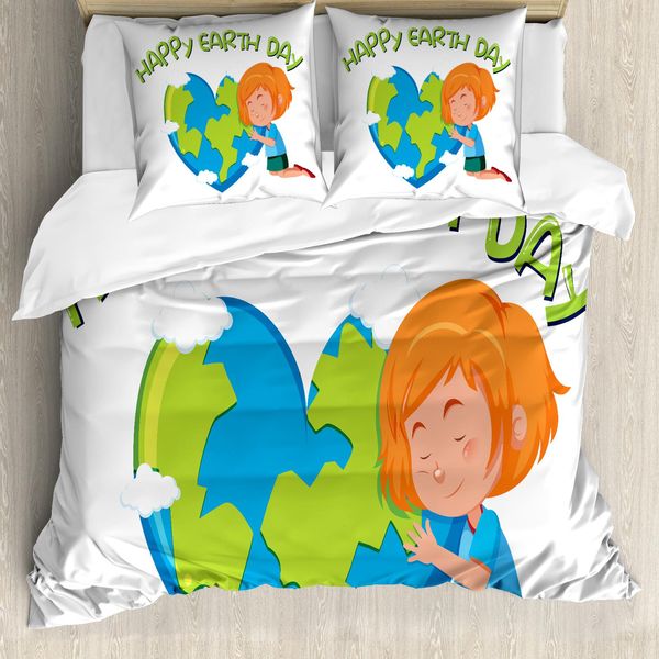 Abakuhaus Giornata Della Terra Set Copripiumino Per Letti Singoli, Abbraccia Il Mondo, Antiacaro Adatto A Chi Soffre Di Allergie Con Federa, 155 Cm X 220 Cm - 80 X 80 Cm, Sky Blue Teal-image