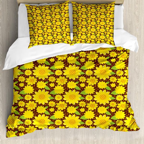 Abakuhaus Set Copripiumino Per Letto Singolo, Cartoon Flowers, Antiacaro, Adatto A Chi Soffre Di Allergie, Con Federa, 155 Cm X 220 Cm - 80 X 80 Cm, Giallo Marrone-image