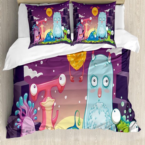 Abakuhaus Set Copripiumino Extraterrestre Per Letti Singoli, Personaggi Divertenti E Allegri, Antiacaro, Adatto A Chi Soffre Di Allergie, Con Federa, 200 Cm X 200 Cm - 80 X 80 Cm, Viola E Multicolore-image