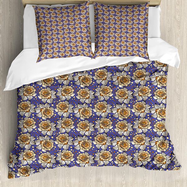 Abakuhaus Set Copripiumino Per Letti Singoli, Motivi Floreali Rotondi, Antiacaro, Adatto A Chi Soffre Di Allergie, Con Federa, 155 Cm X 220 Cm - 80 X 80 Cm, Lavanda Scuro Arancione-image