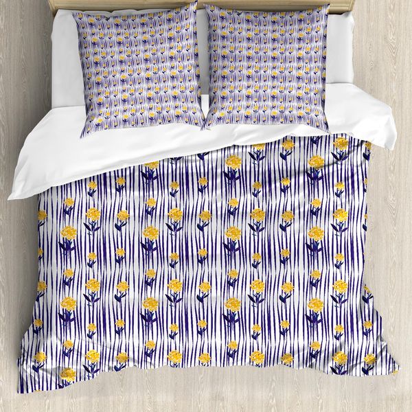 Abakuhaus Set Copripiumino Per Letto Singolo, Motivo Crisantemo, Antiacaro, Adatto A Chi Soffre Di Allergie, Con Federa, 200 Cm X 200 Cm - 80 X 80 Cm, Indaco Terra Giallo-image