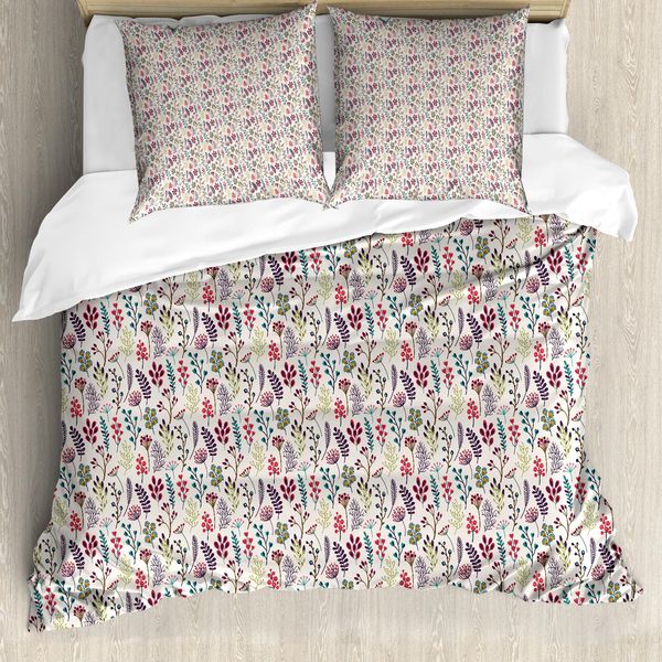 Abakuhaus Set Copripiumino Botanico Per Letti Singoli, Rami Creativi Ricoperti Di Foglie, Antiacaro, Adatto A Chi Soffre Di Allergie, Con Federa, 155 Cm X 220 Cm - 80 X 80 Cm, Guscio D'uovo E Multicolore-image