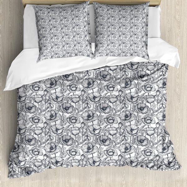 Set Copripiumino Abakuhaus Per Letti Singoli, Disegno Monocromatico Poppy Skizze, Antiacaro E Anallergico, Con Federa, 200 Cm X 200 Cm - 80 X 80 Cm, Blu Scuro, Grigio E Bianco-image