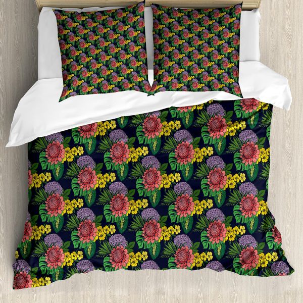 Set Copripiumino Abakuhaus Per Letti Singoli, Foglie Tropicali E Fiori Della Giungla, Antiacaro E Anallergico, Con Federa, 155 Cm X 220 Cm - 80 X 80 Cm, Multicolore-image