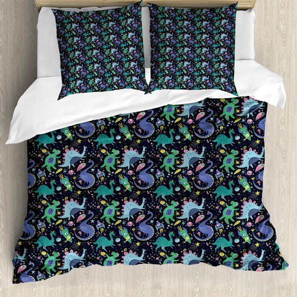 Abakuhaus Set Copripiumino Per Letti Singoli, Tema Dinosauri E Pianeti, Antiacaro, Adatto A Chi Soffre Di Allergie, Con Federa, 200 Cm X 200 Cm - 80 X 80 Cm, Multicolore-image