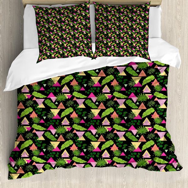 Abakuhaus Set Copripiumino Tropicale Per Letti Singoli, Foglie Esotiche Triangolari, Antiacaro, Adatto A Chi Soffre Di Allergie, Con Federa, 200 Cm X 200 Cm - 80 X 80 Cm, Multicolore Grigio Antracite-image