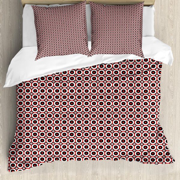 Set Copripiumino Retrò Abakuhaus Per Letti Singoli, Concentric Tricolor Runden, Antiacaro, Adatto A Chi Soffre Di Allergie, Con Federa, 200 Cm X 200 Cm - 80 X 80 Cm, Vermiglio E Grigio Antracite-image