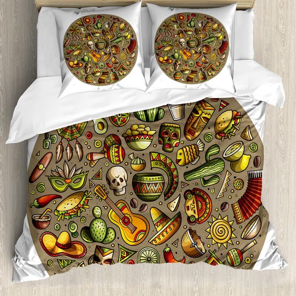 Abakuhaus Set Copripiumino Spagnolo Per Letti Singoli, Doodles Colorati, Antiacaro, Adatto A Chi Soffre Di Allergie, Con Federa, 200 Cm X 200 Cm - 80 X 80 Cm, Cacao E Multicolore-image