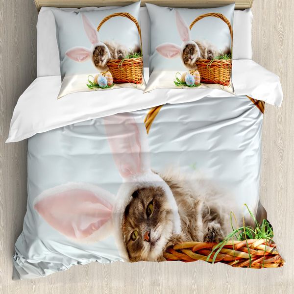 Abakuhaus Set Copripiumino Con Coniglietto Pasquale Per Letti Singoli, Gatto Come Coniglietto Pasquale, Antiacaro, Adatto A Chi Soffre Di Allergie, Con Federa, 155 Cm X 220 Cm - 80 X 80 Cm, Multicolore-image