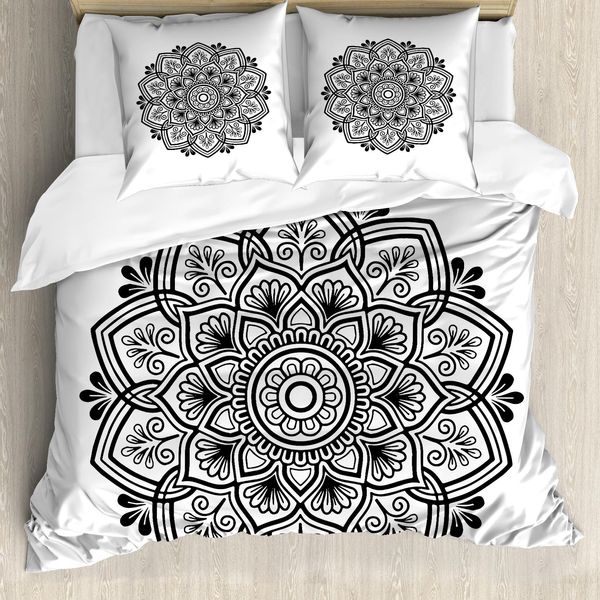 Set Copripiumino Abakuhaus Mandala Per Letti Singoli, Motivo Orientale Floradamast, Antiacaro, Adatto A Chi Soffre Di Allergie, Con Federa, 200 Cm X 200 Cm - 80 X 80 Cm, Grigio Antracite E Bianco-image