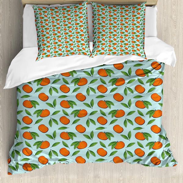 Abakuhaus Set Copripiumino Per Letto Singolo, Mandarini E Foglie, Antiacaro, Adatto A Chi Soffre Di Allergie, Con Federa, 200 Cm X 200 Cm - 80 X 80 Cm, Vermiglio Azzurro Pallido-image