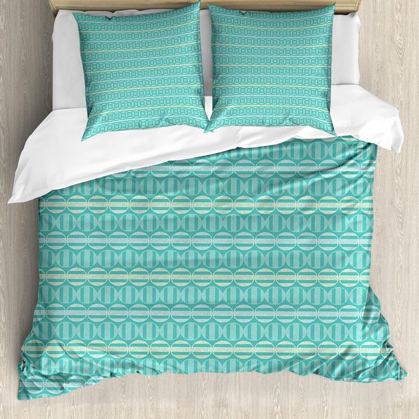 Abakuhaus Set Copripiumino Geometrico Per Letti Singoli, A Righe E Pois Rotondi, Antiacaro, Adatto A Chi Soffre Di Allergie, Con Federa, 200 Cm X 200 Cm - 80 X 80 Cm, Dark Seafoam Seafoam-image