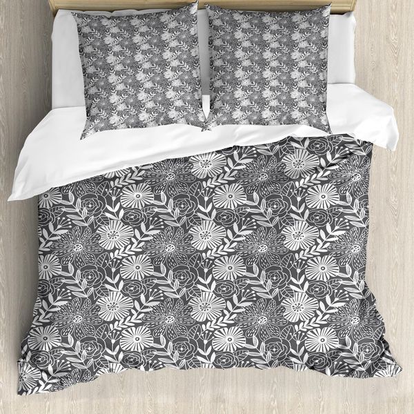Abakuhaus Set Copripiumino Per Letto Singolo, Motivo Botanico Outline, Antiacaro, Adatto A Chi Soffre Di Allergie, Con Federa, 200 Cm X 200 Cm - 80 X 80 Cm, Viola Scuro, Grigio, Bianco-image